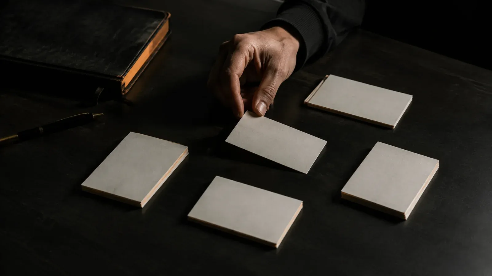 A hand placing blank cards in a loose grid on a dark desk.